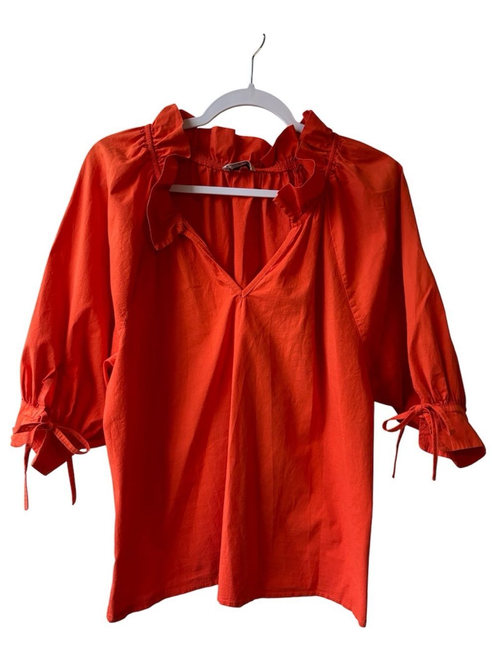 Medium Sophia Italy Ruffled V Neck Tie-Sleeve Orange Blouse Cotton Stretch